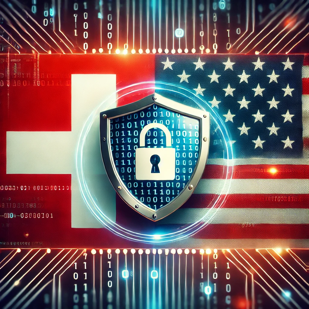 a shield with a lock on it and a flag with binary code Swiss US Data Privacy Framework