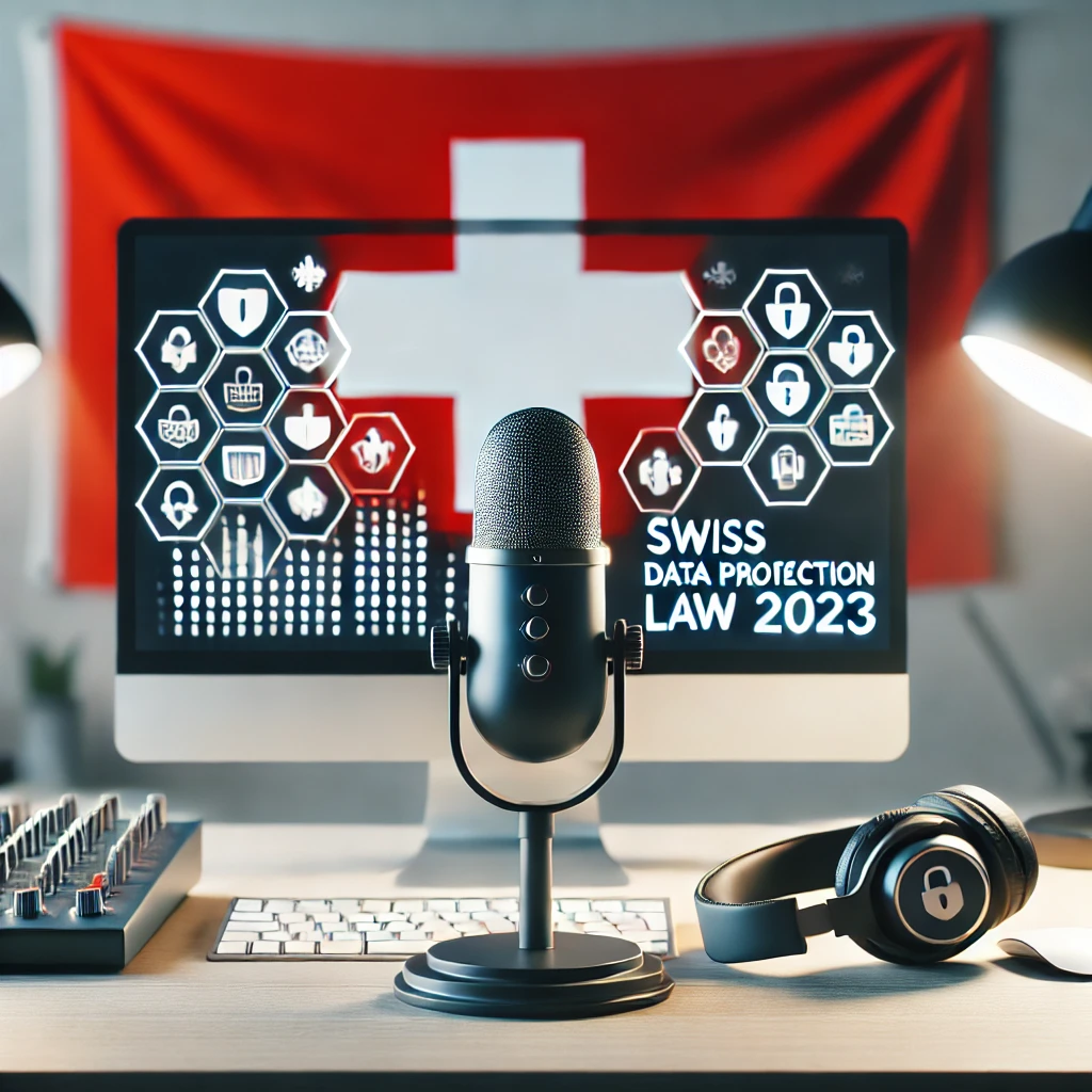 Das Bild zeigt ein modernes Podcast-Studio mit einem Mikrofon und Kopfhörern auf einem Tisch. Im Hintergrund ist subtil eine Schweizer Flagge zu sehen. Auf einem Computerbildschirm im Vordergrund erscheinen Symbole für Datenschutz wie ein Schild und ein Schloss, begleitet von der Aufschrift „Swiss Data Protection Law 2023“. Das Design vermittelt die Themen Podcast und Datenschutz in einem professionellen, klaren Stil.